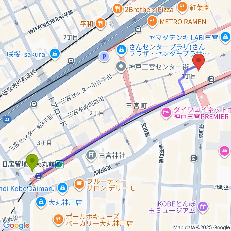 ベースオントップ三宮店の最寄駅旧居留地・大丸前駅からの徒歩ルート（約7分）地図