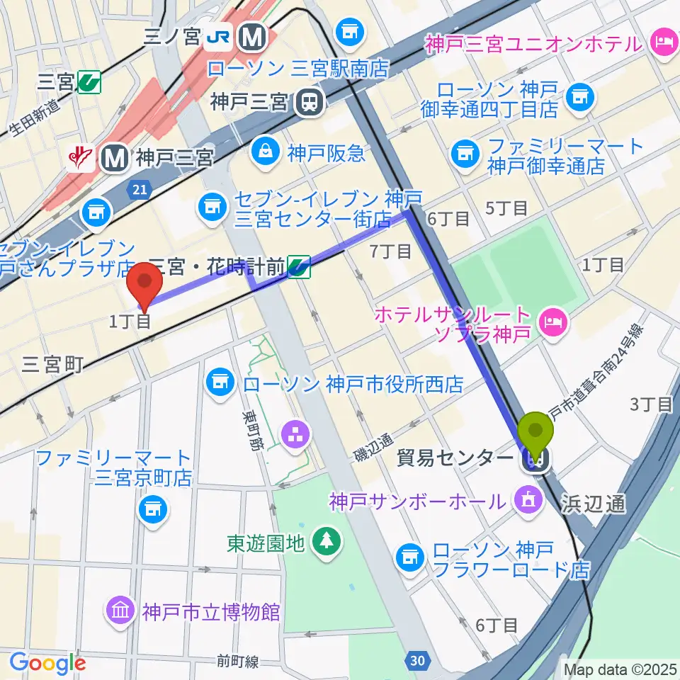 貿易センター駅からベースオントップ三宮店へのルートマップ地図