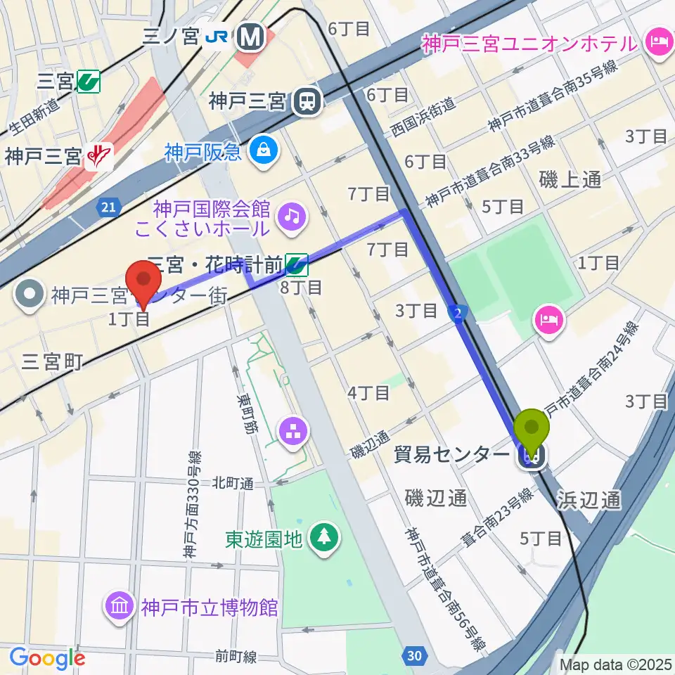 貿易センター駅からベースオントップ三宮店へのルートマップ地図