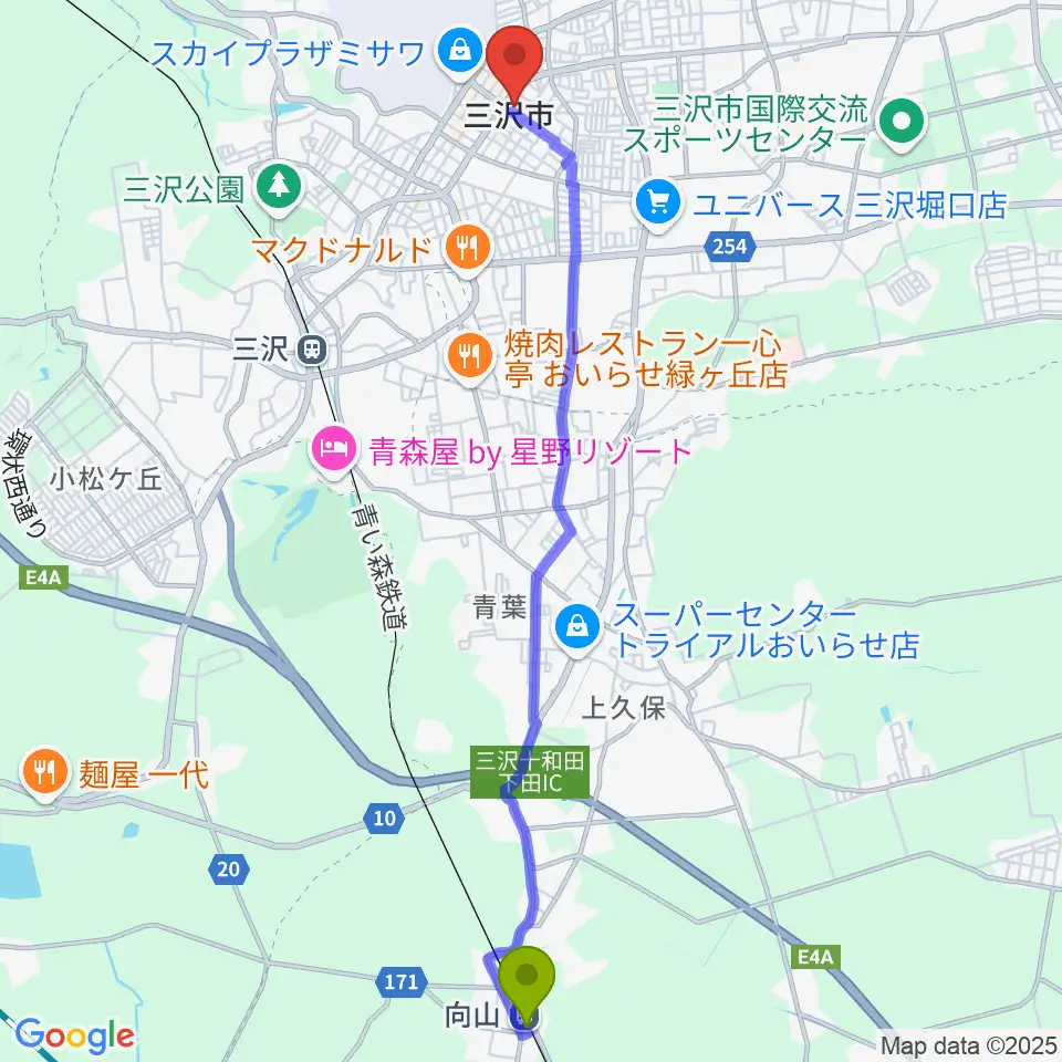 向山駅から三沢市公会堂へのルートマップ地図