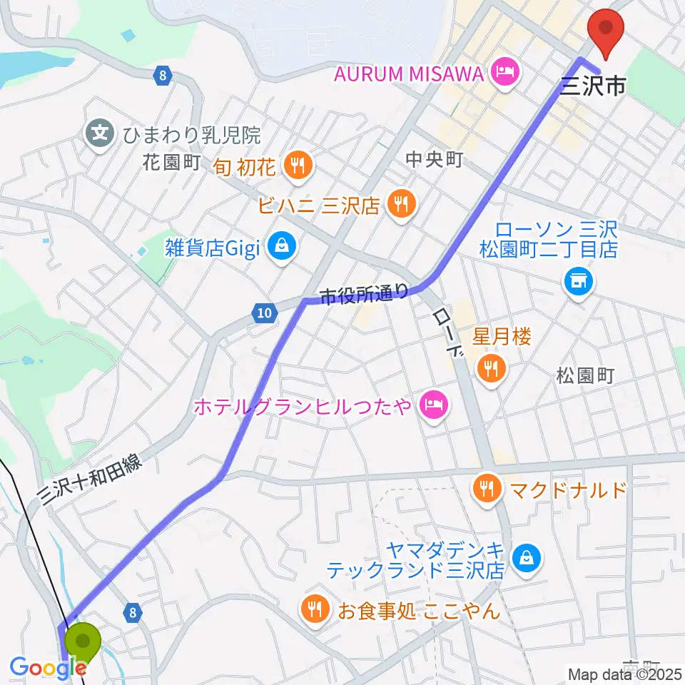 三沢市公会堂の最寄駅三沢駅からの徒歩ルート（約34分）地図