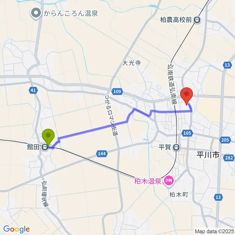 館田駅から平川市文化センターへのルートマップ地図
