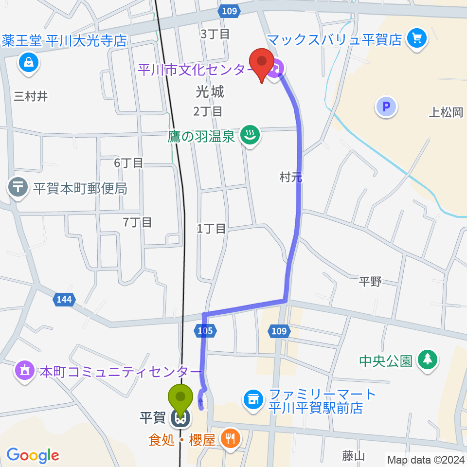 平川市文化センターの最寄駅平賀駅からの徒歩ルート（約11分）地図