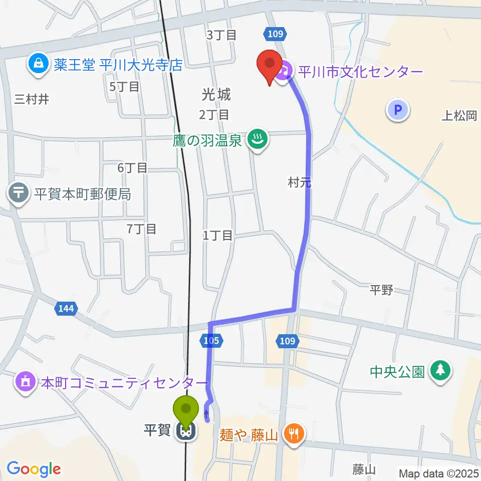 平川市文化センターの最寄駅平賀駅からの徒歩ルート（約11分）地図