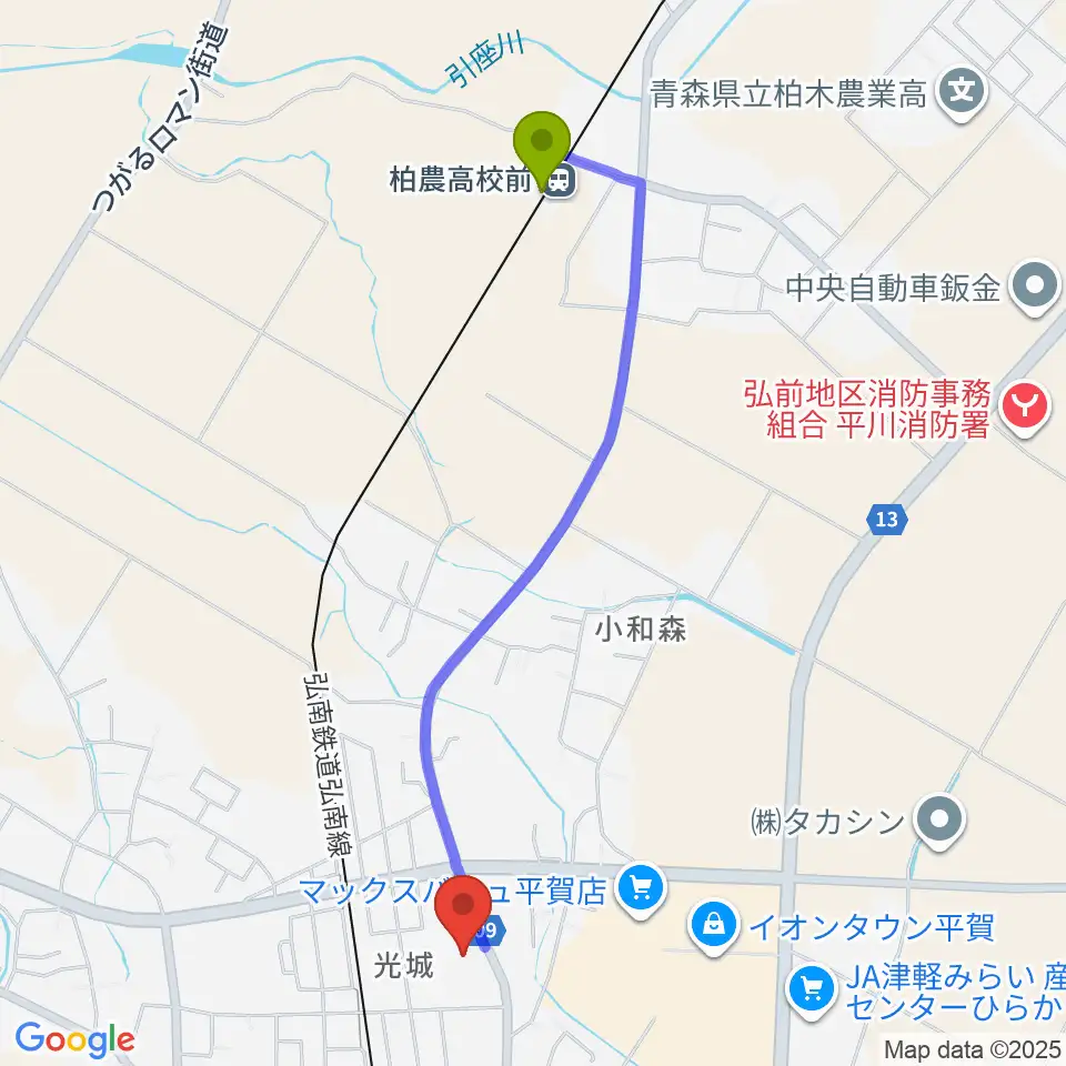 柏農高校前駅から平川市文化センターへのルートマップ地図