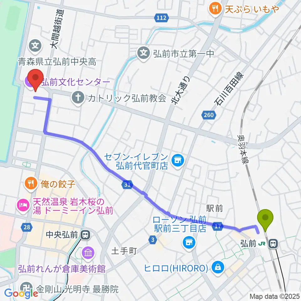弘前駅から弘前文化センターへのルートマップ地図