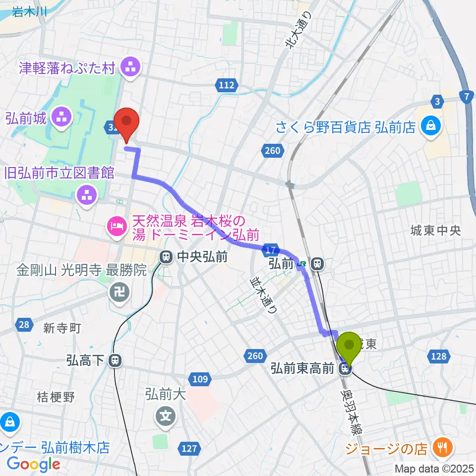 弘前東高前駅から弘前文化センターへのルートマップ地図
