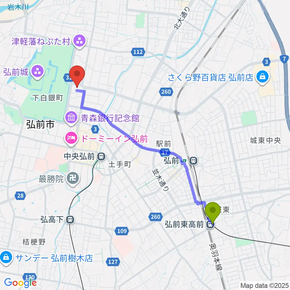 弘前東高前駅から弘前文化センターへのルートマップ地図