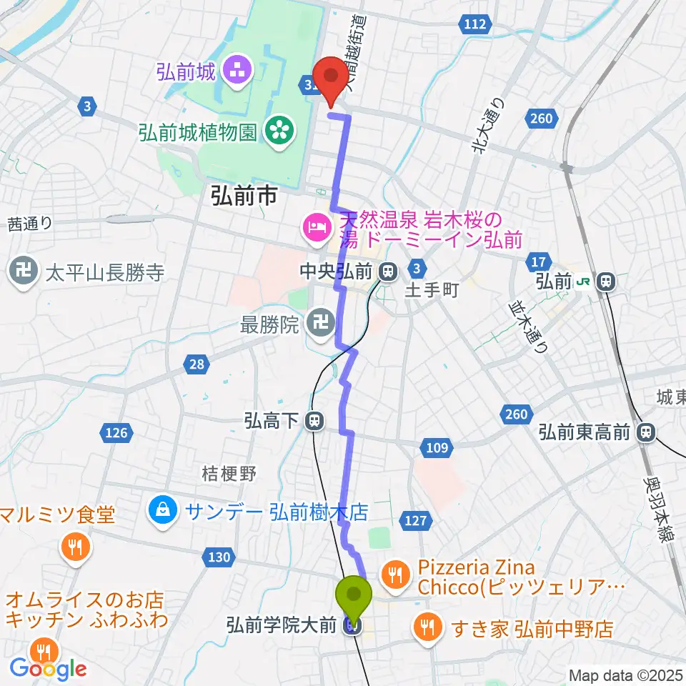 弘前学院大前駅から弘前文化センターへのルートマップ地図