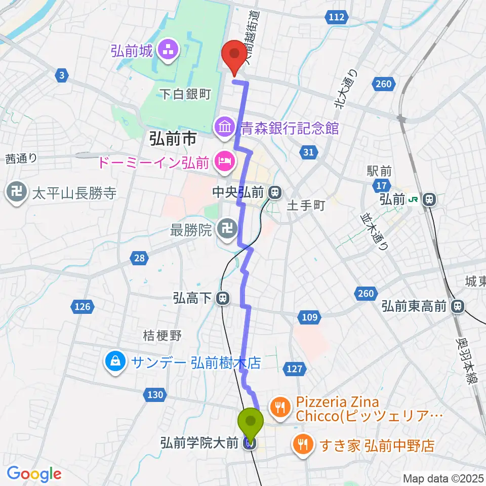 弘前学院大前駅から弘前文化センターへのルートマップ地図