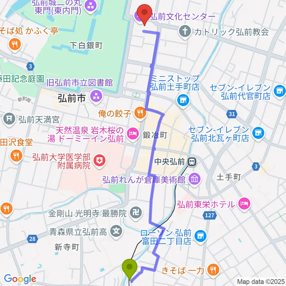 弘高下駅から弘前文化センターへのルートマップ地図