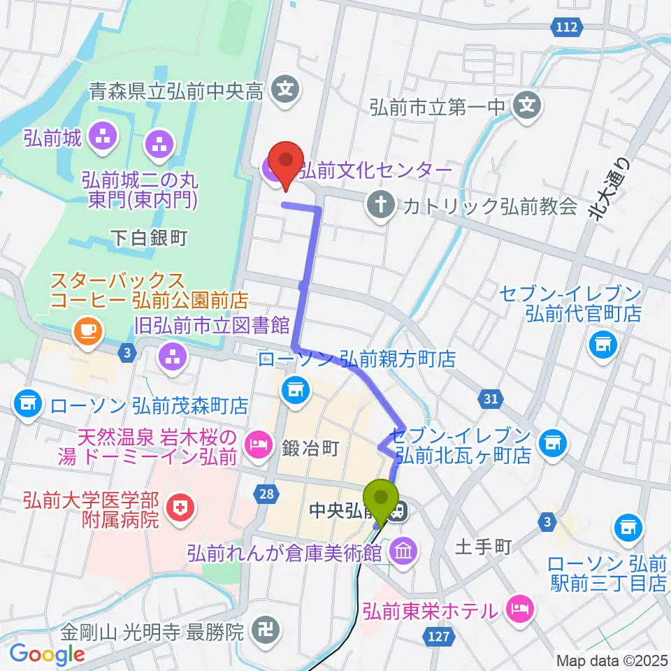 弘前文化センターの最寄駅中央弘前駅からの徒歩ルート（約15分）地図