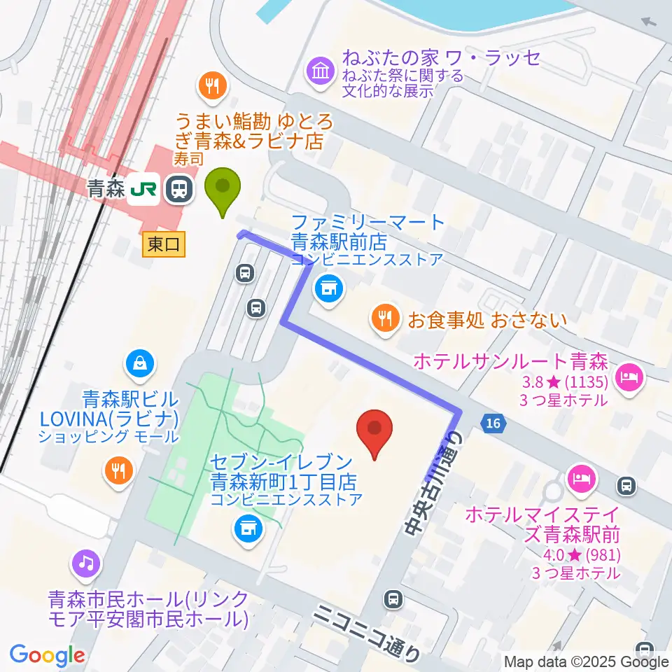 青森市男女共同参画プラザ カダールの最寄駅青森駅からの徒歩ルート（約3分）地図