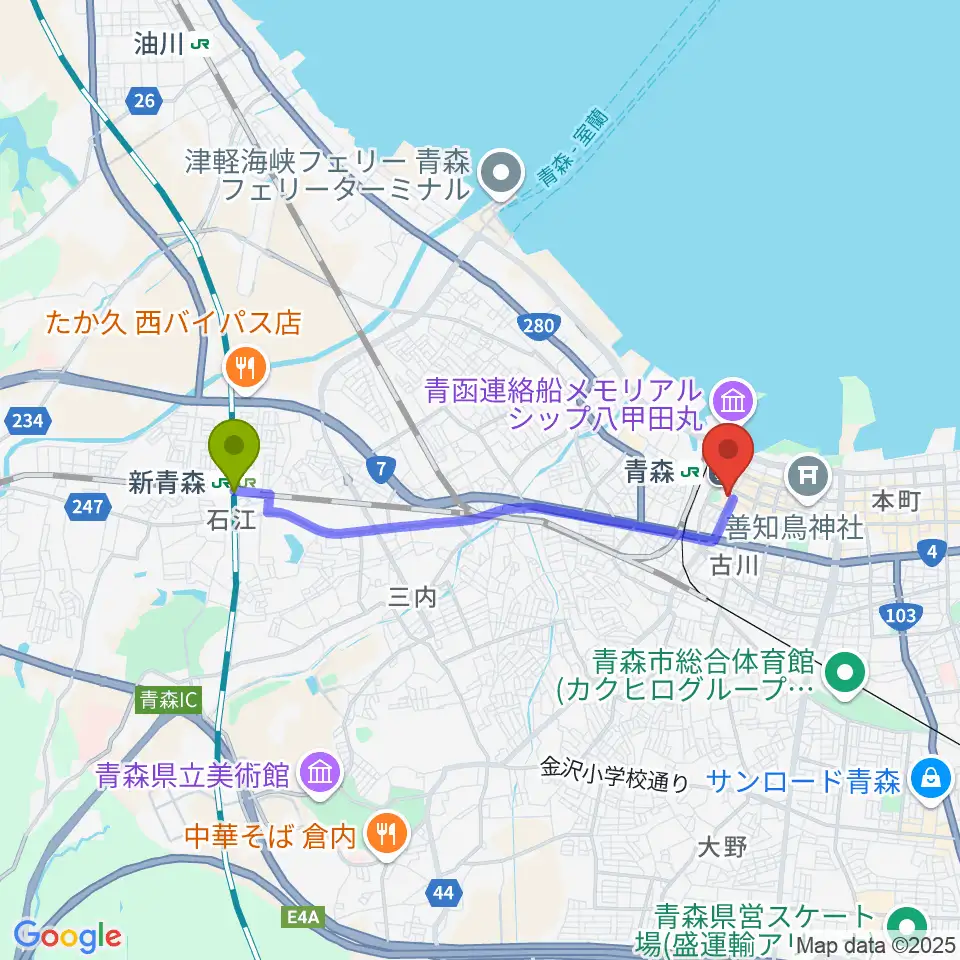 新青森駅から青森市男女共同参画プラザ カダールへのルートマップ地図