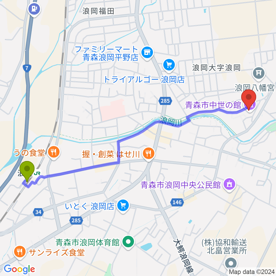 青森市中世の館の最寄駅浪岡駅からの徒歩ルート（約24分）地図