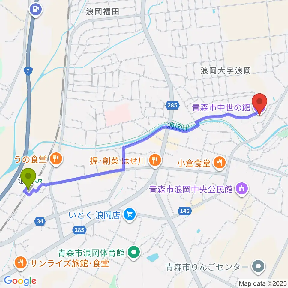 青森市中世の館の最寄駅浪岡駅からの徒歩ルート（約24分）地図