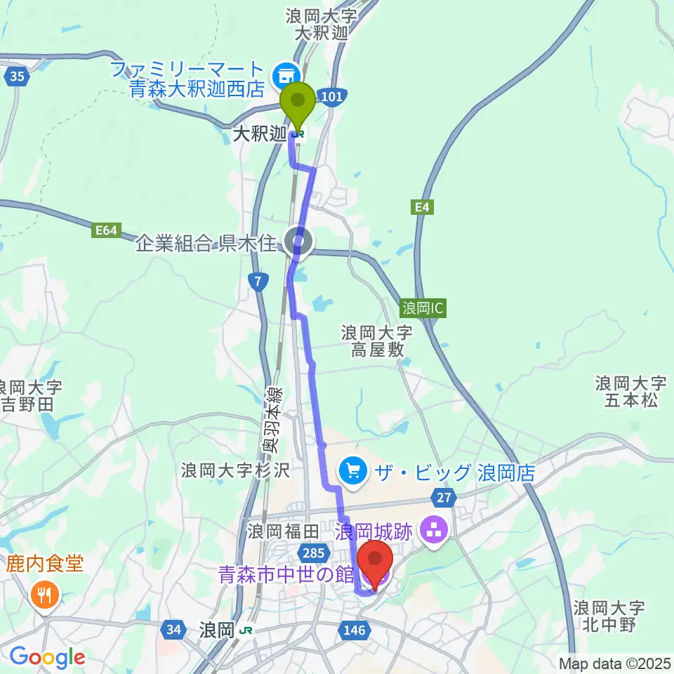大釈迦駅から青森市中世の館へのルートマップ地図