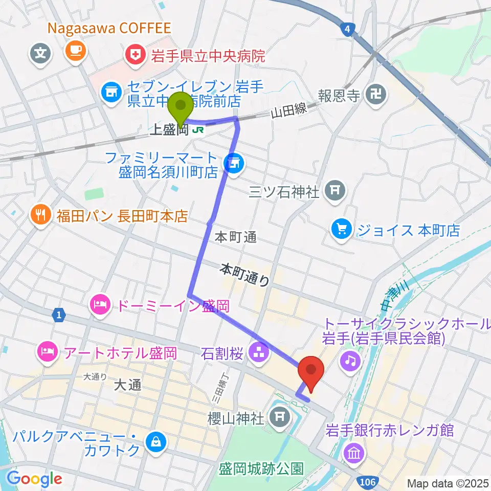 岩手県公会堂の最寄駅上盛岡駅からの徒歩ルート（約18分）地図