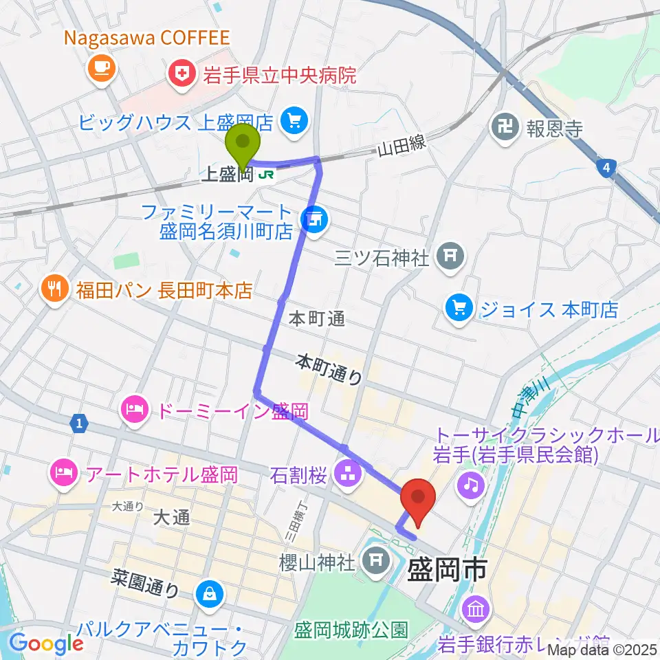 岩手県公会堂の最寄駅上盛岡駅からの徒歩ルート（約18分）地図