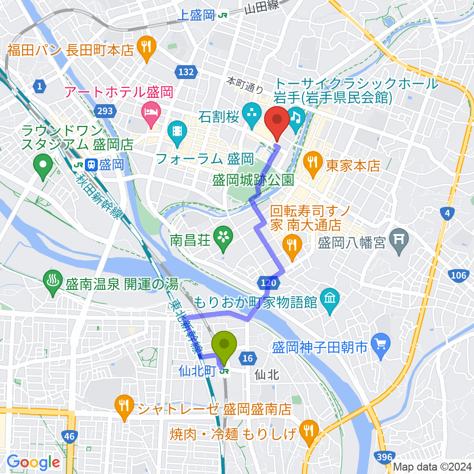 仙北町駅から岩手県公会堂へのルートマップ地図