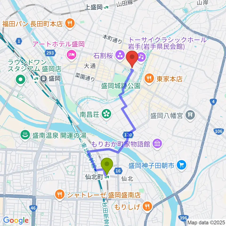 仙北町駅から岩手県公会堂へのルートマップ地図