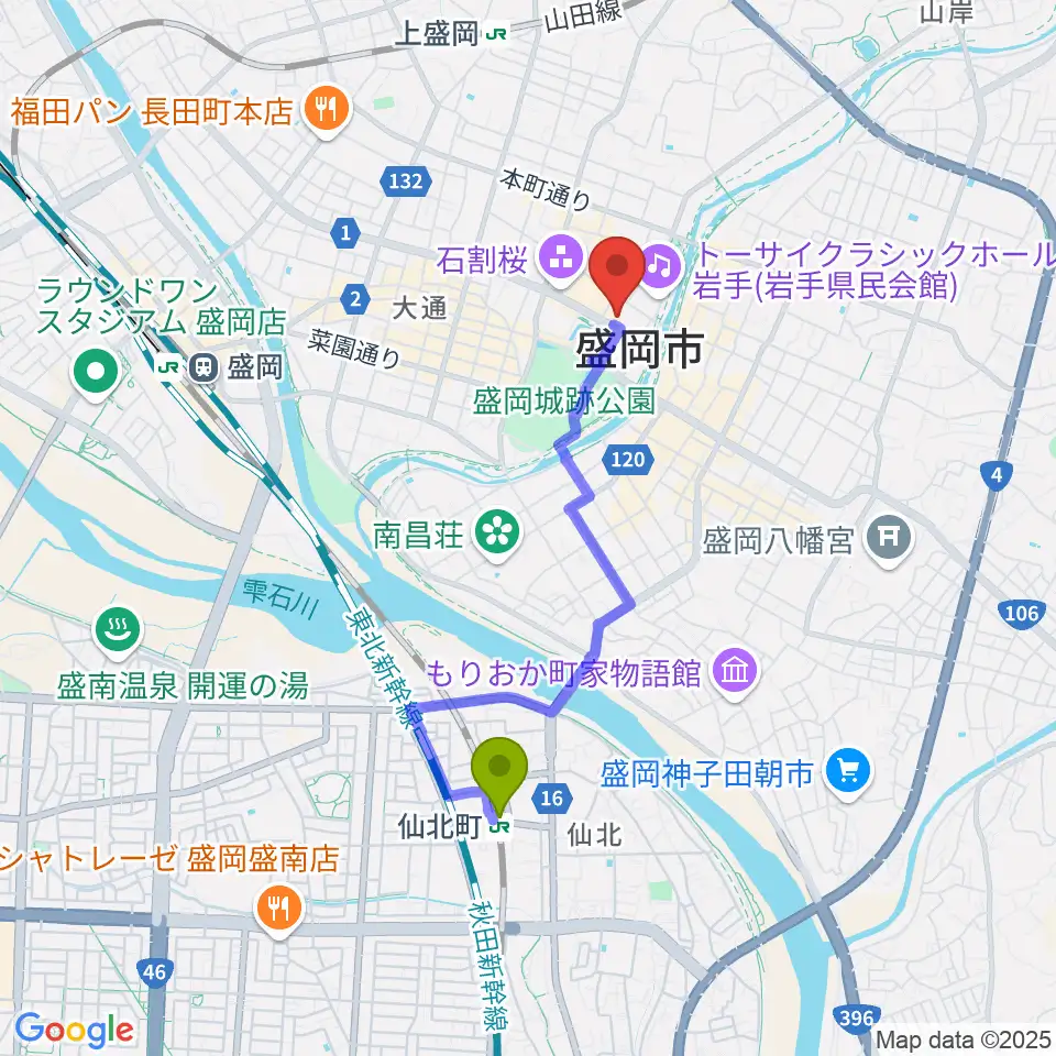 仙北町駅から岩手県公会堂へのルートマップ地図