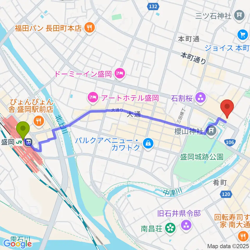 盛岡駅から岩手県公会堂へのルートマップ地図