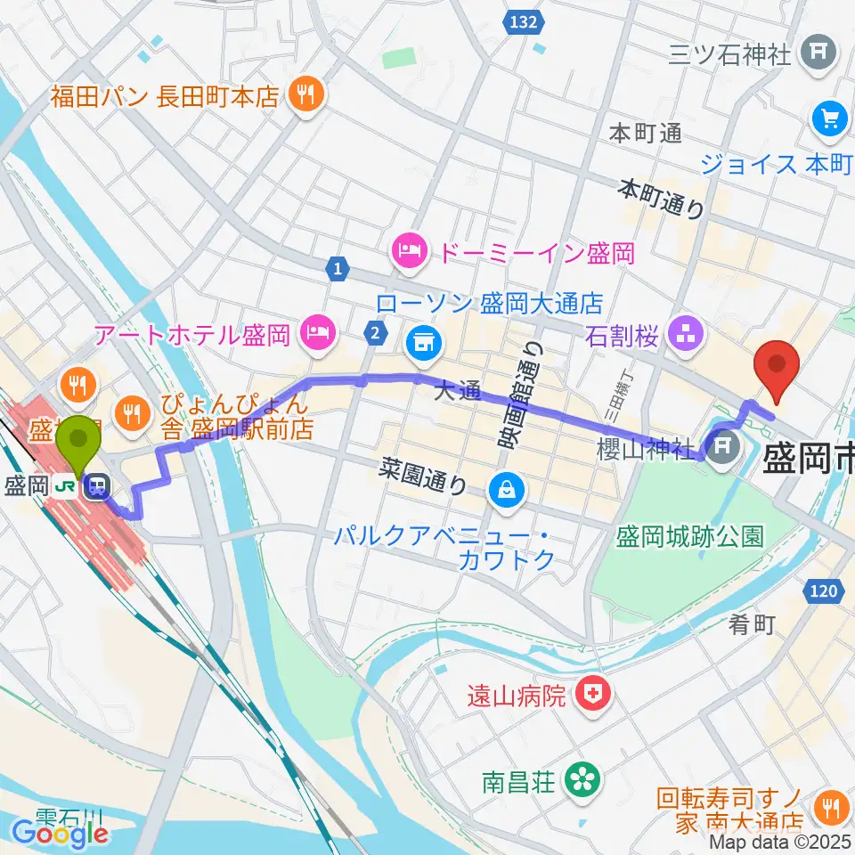 盛岡駅から岩手県公会堂へのルートマップ地図