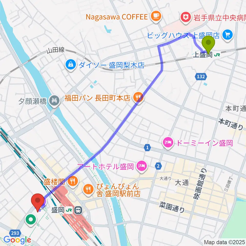 上盛岡駅から盛岡市民文化ホールへのルートマップ地図