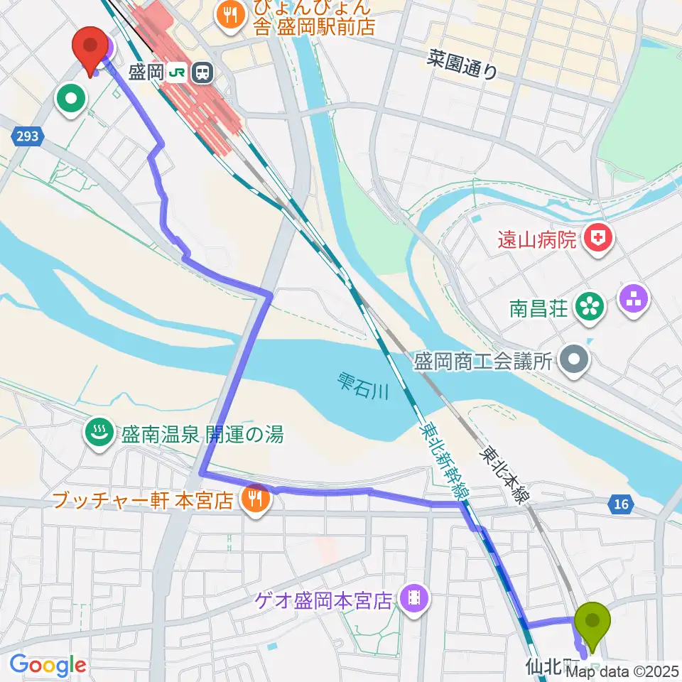 仙北町駅から盛岡市民文化ホールへのルートマップ地図