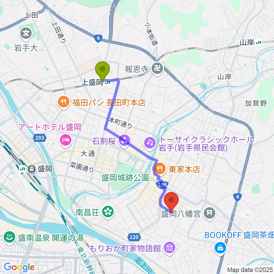 上盛岡駅から盛岡劇場・河南公民館へのルートマップ地図