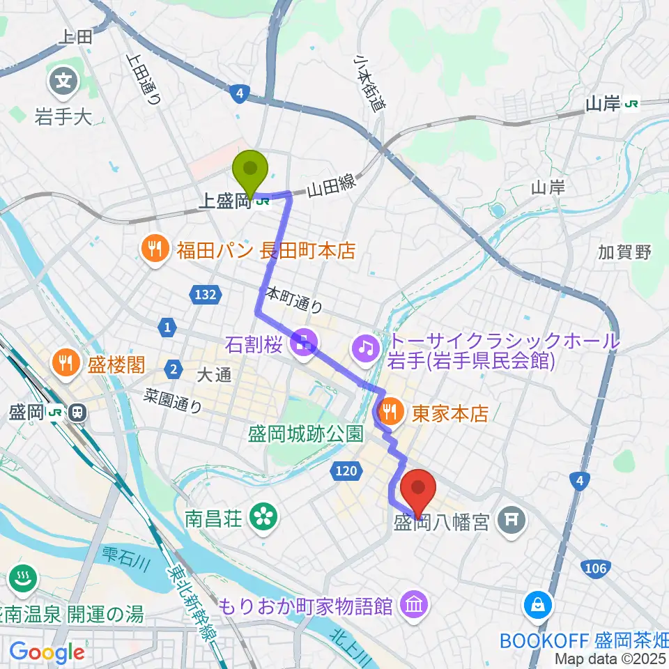 上盛岡駅から盛岡劇場・河南公民館へのルートマップ地図