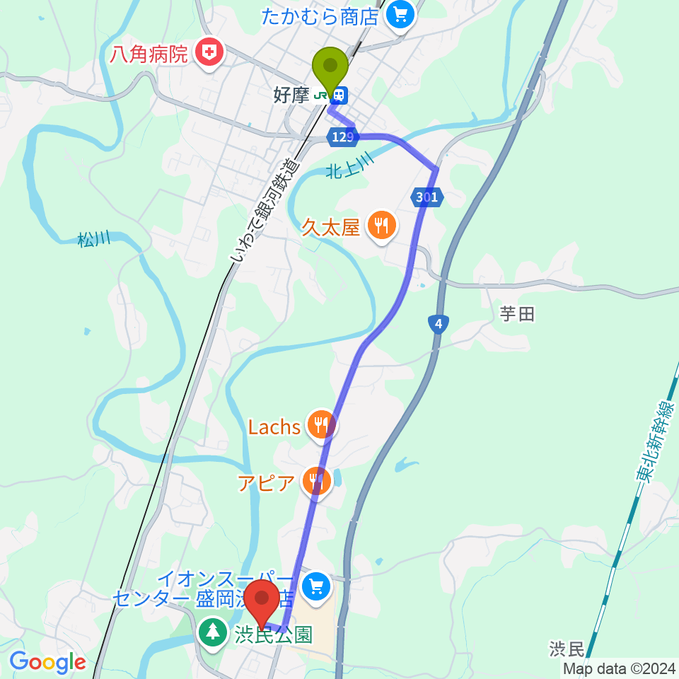 好摩駅から姫神ホールへのルートマップ地図