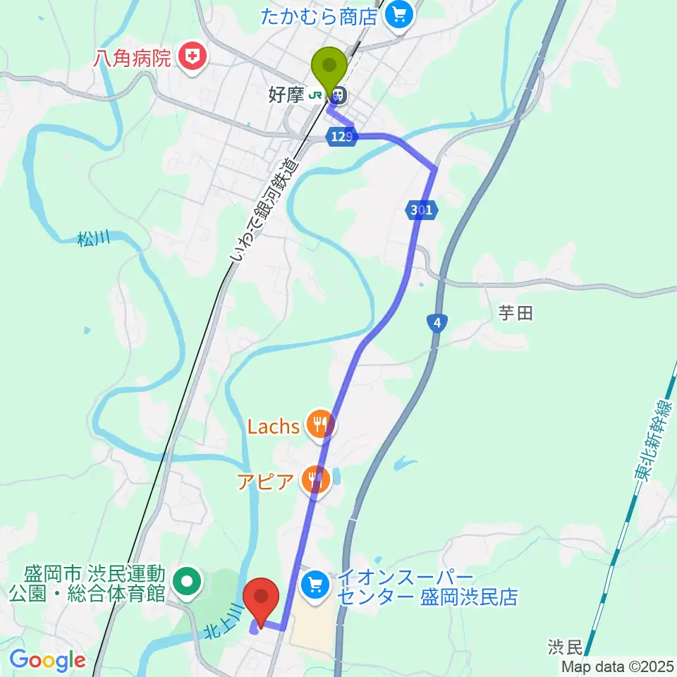好摩駅から姫神ホールへのルートマップ地図