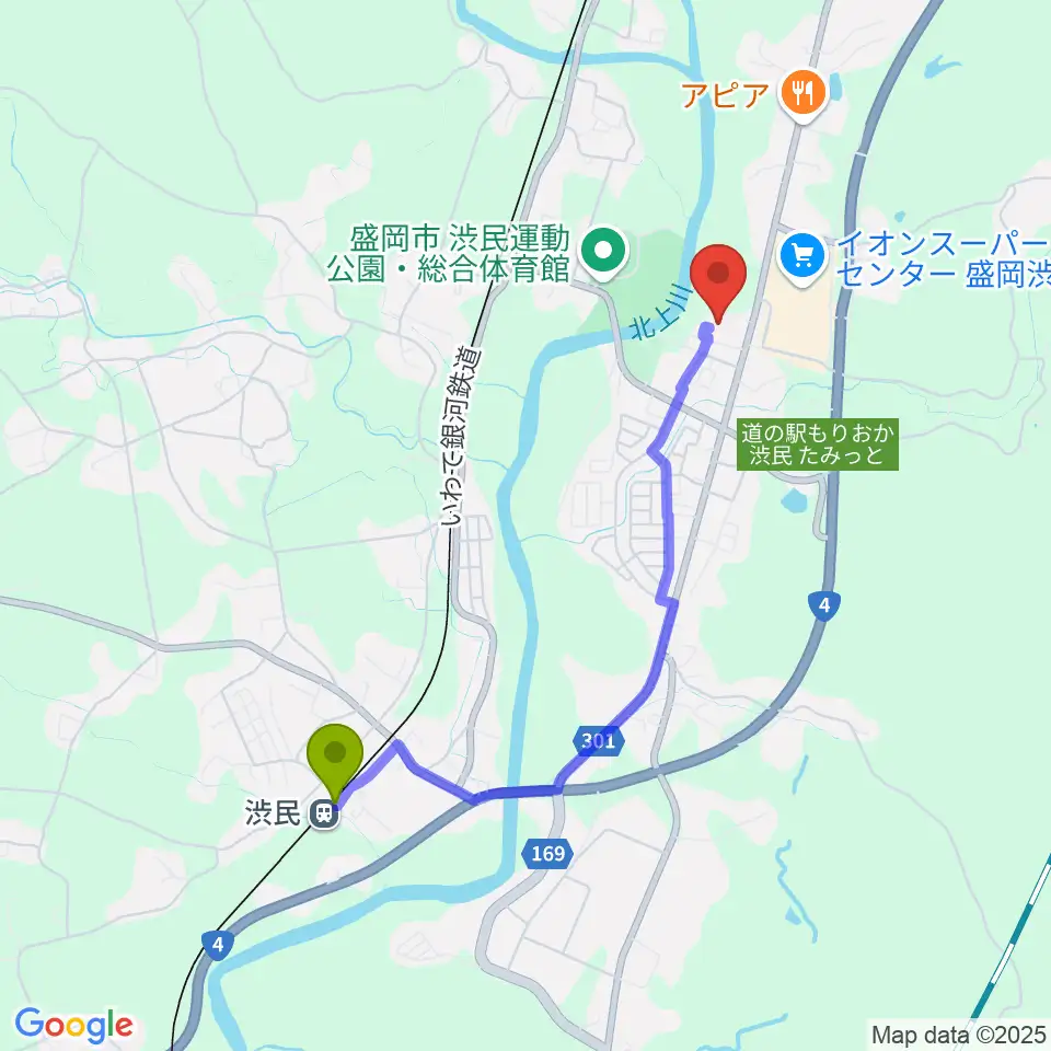 姫神ホールの最寄駅渋民駅からの徒歩ルート（約34分）地図