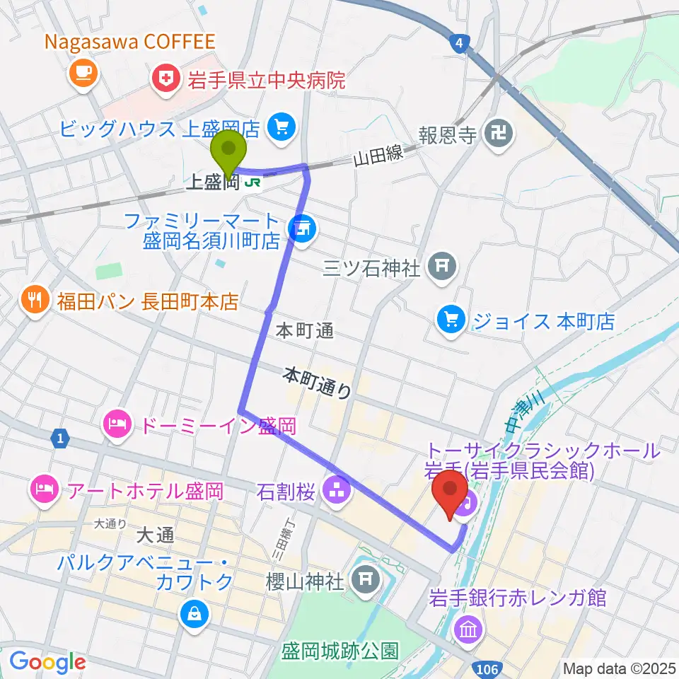 トーサイクラシックホール岩手の最寄駅上盛岡駅からの徒歩ルート（約18分）地図