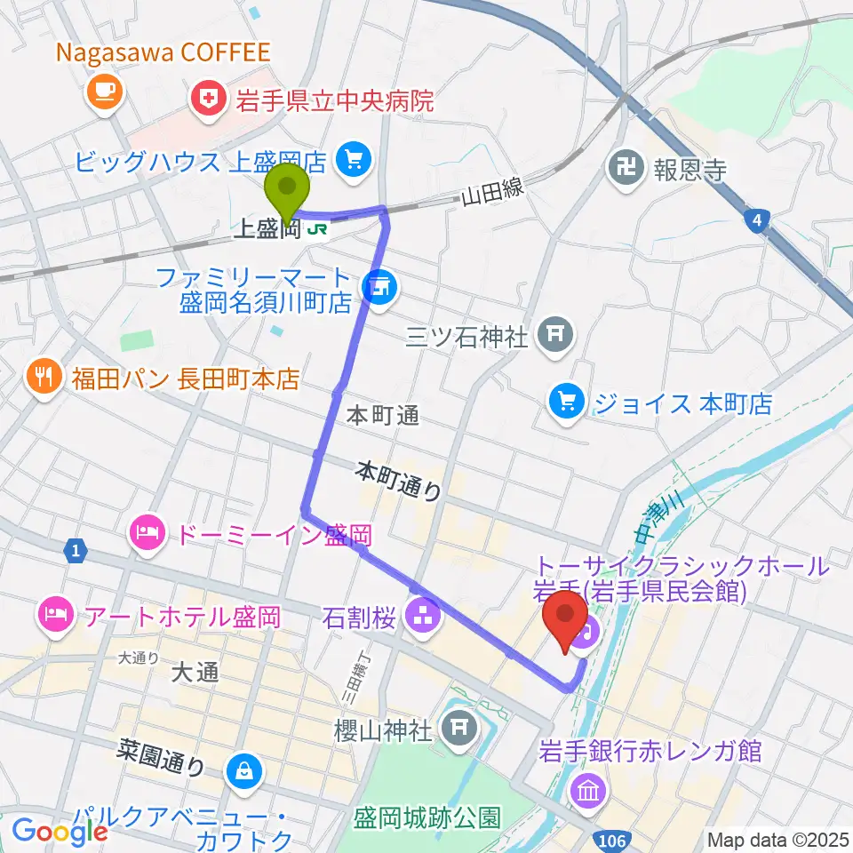 トーサイクラシックホール岩手の最寄駅上盛岡駅からの徒歩ルート（約18分）地図