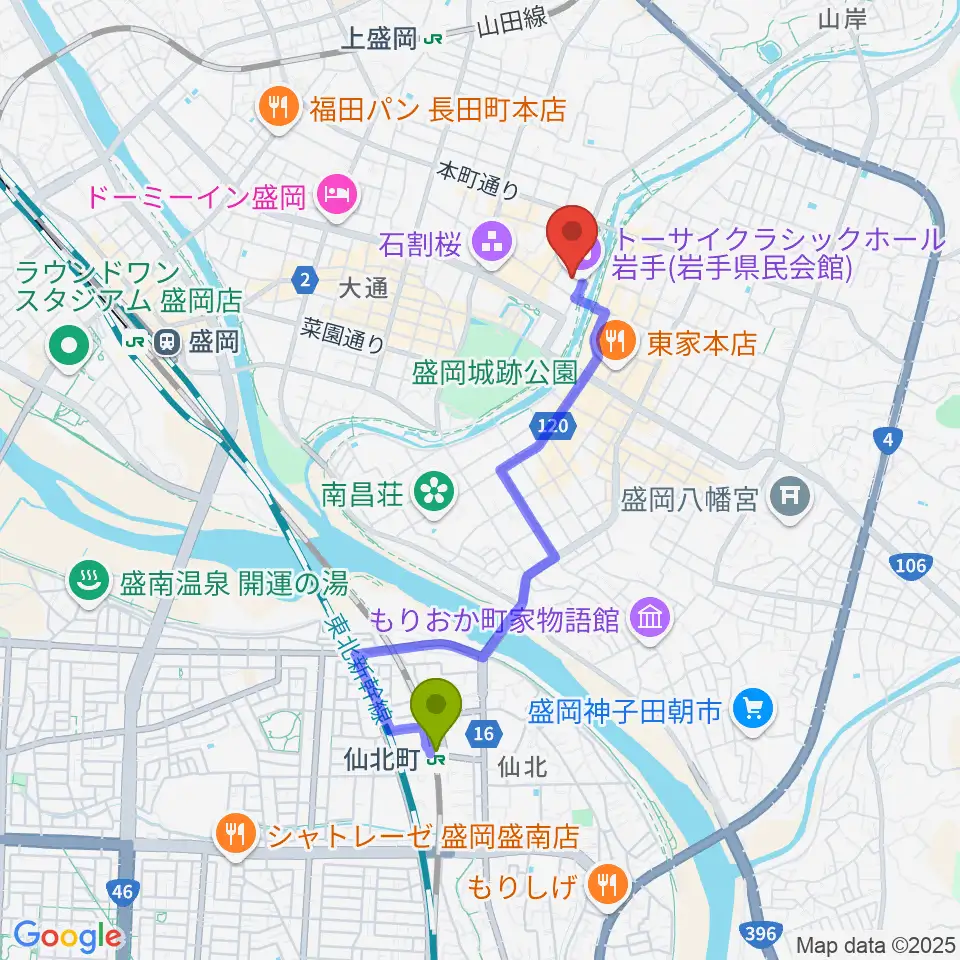 仙北町駅からトーサイクラシックホール岩手へのルートマップ地図