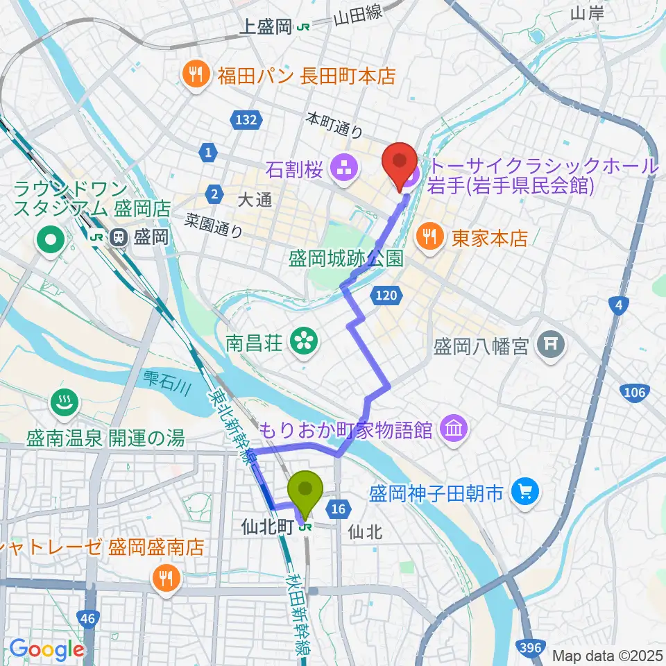 仙北町駅からトーサイクラシックホール岩手へのルートマップ地図