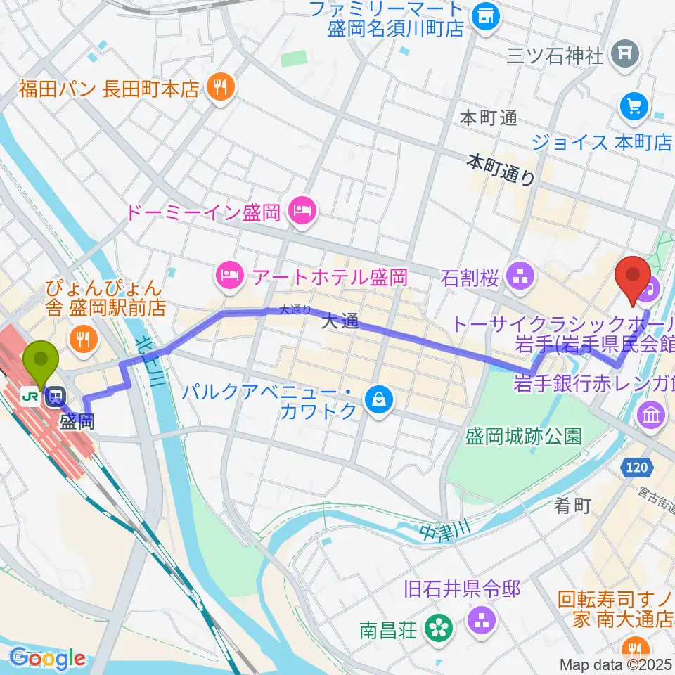 盛岡駅からトーサイクラシックホール岩手へのルートマップ地図