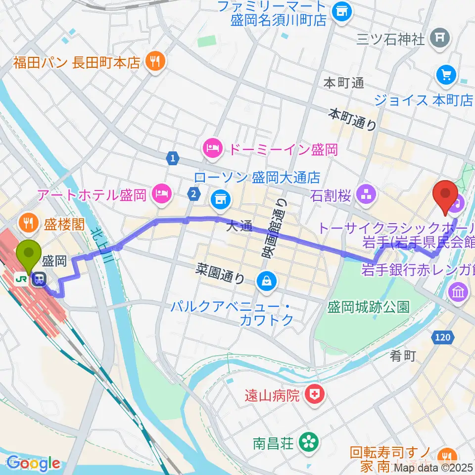 盛岡駅からトーサイクラシックホール岩手へのルートマップ地図