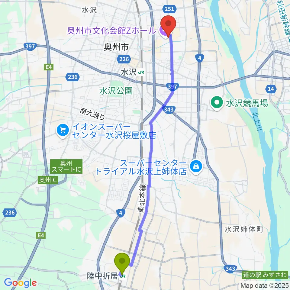 陸中折居駅から奥州市文化会館Zホールへのルートマップ地図