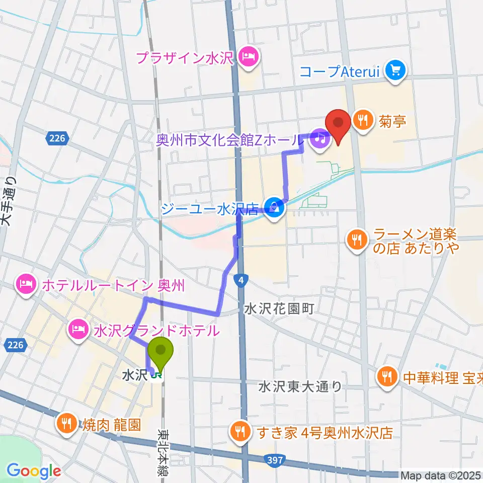 奥州市文化会館Zホールの最寄駅水沢駅からの徒歩ルート（約18分）地図