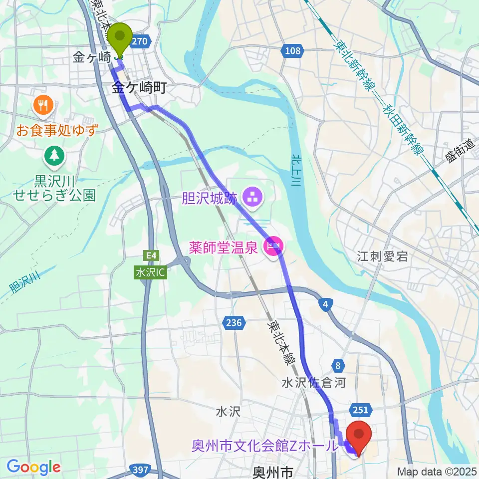 金ケ崎駅から奥州市文化会館Zホールへのルートマップ地図