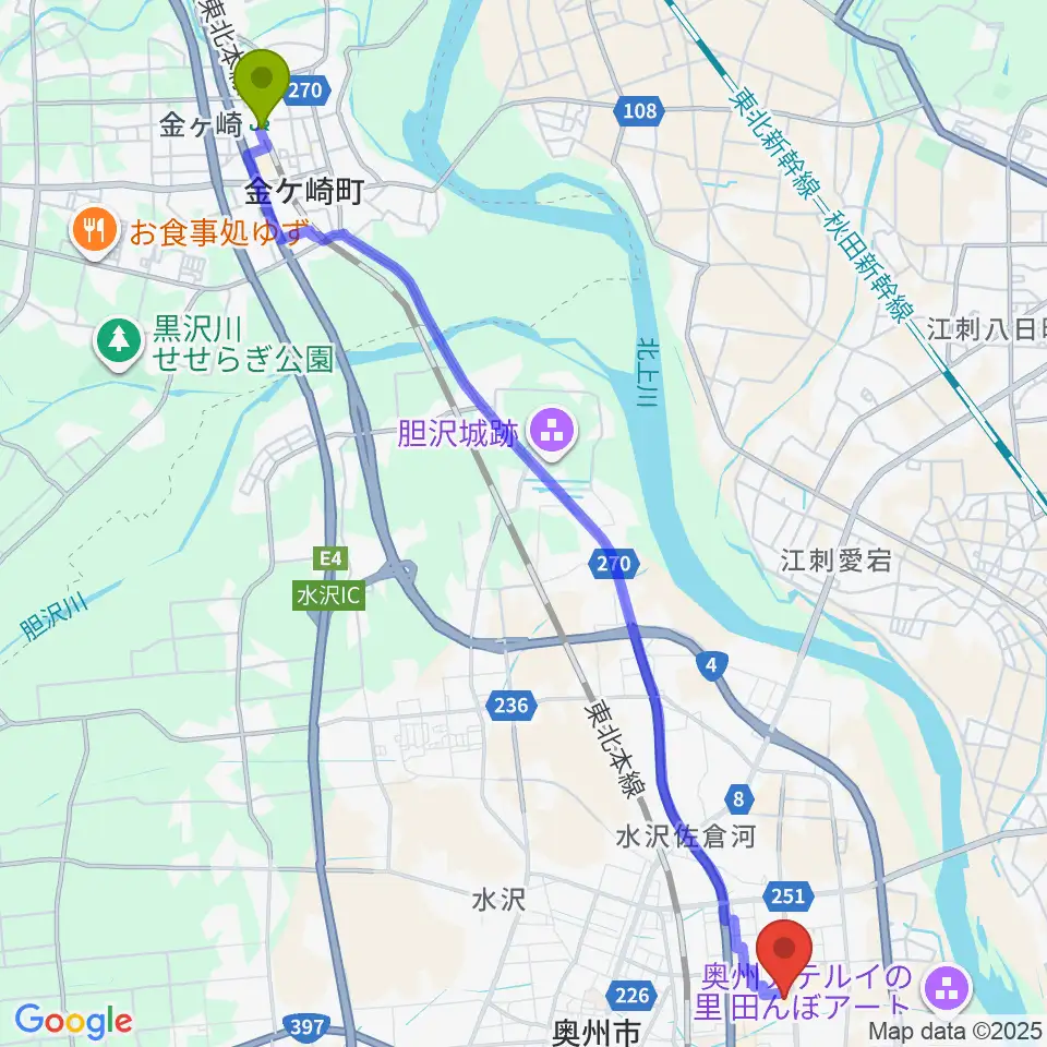 金ケ崎駅から奥州市文化会館Zホールへのルートマップ地図