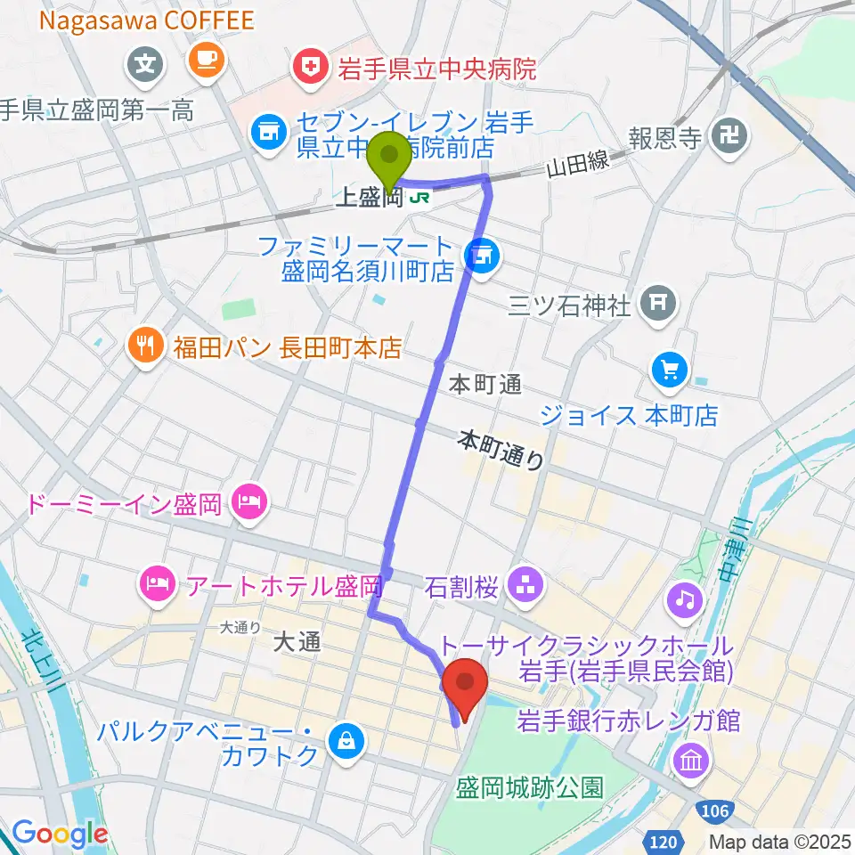 岩手教育会館の最寄駅上盛岡駅からの徒歩ルート（約18分）地図