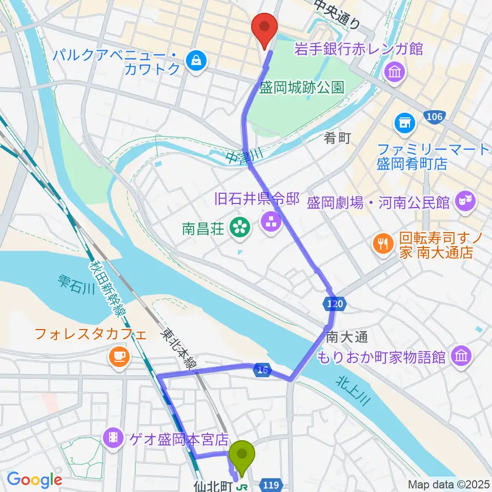 仙北町駅から岩手教育会館へのルートマップ地図