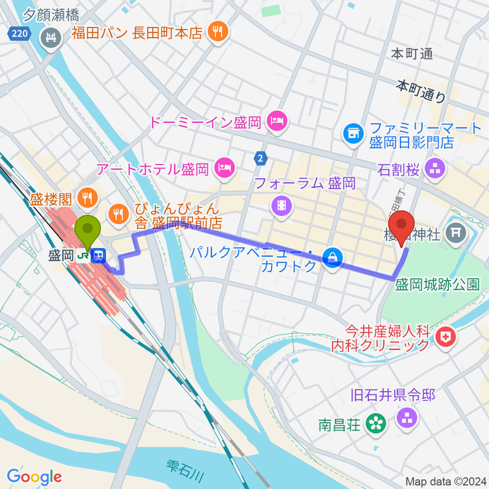 盛岡駅から岩手教育会館へのルートマップ地図