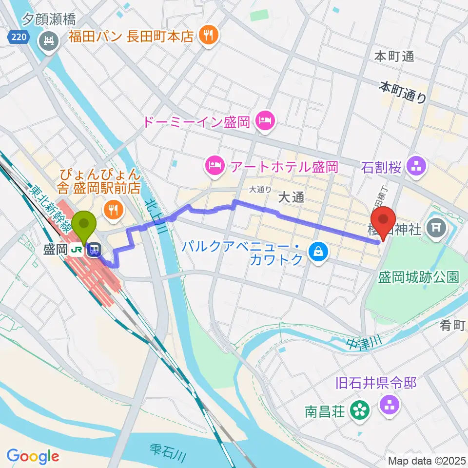 盛岡駅から岩手教育会館へのルートマップ地図