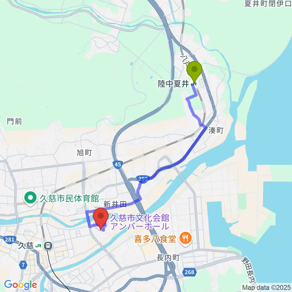 陸中夏井駅から久慈市文化会館 アンバーホールへのルートマップ地図